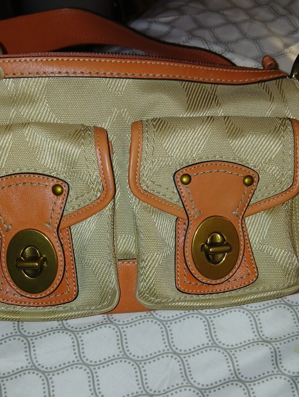 Coach Beige Canvas Shoulder Bag with Tan Leather Trim